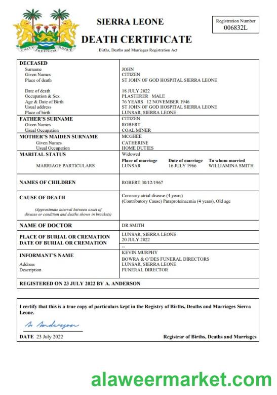 Sierra Leone death certificate Word and PDF template